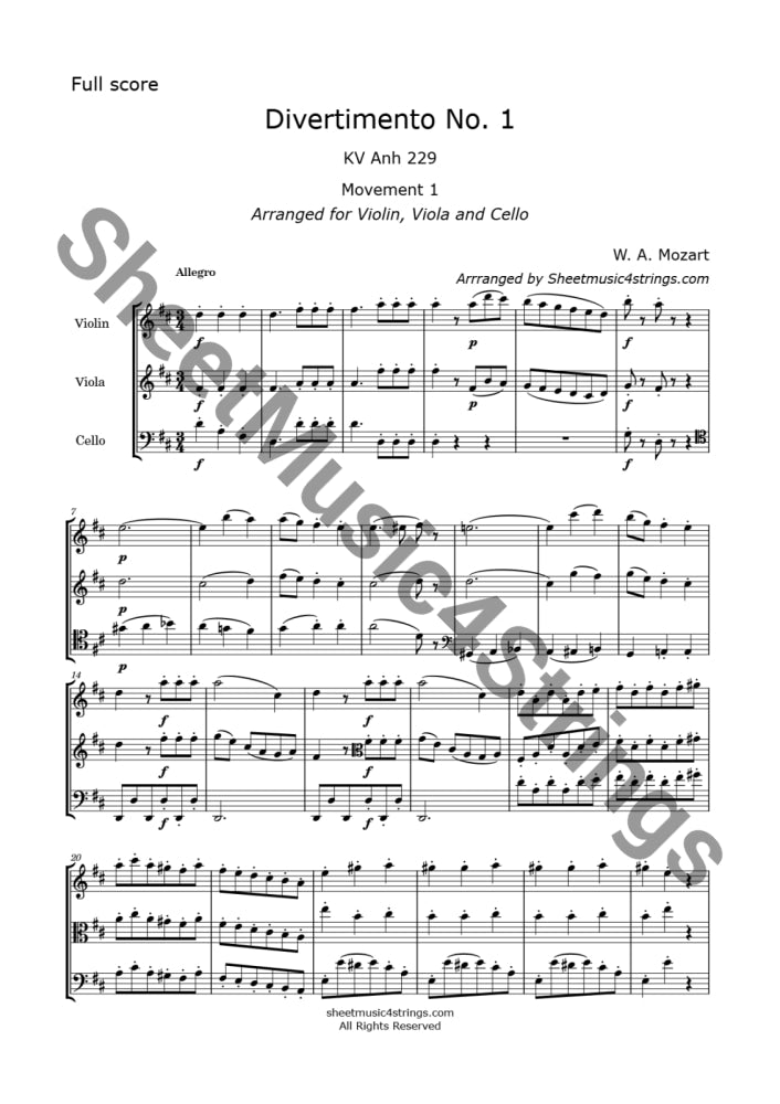 Mozart, W.A. - Divertimento No. 1, K. 229 (Violin, Viola and Cello)