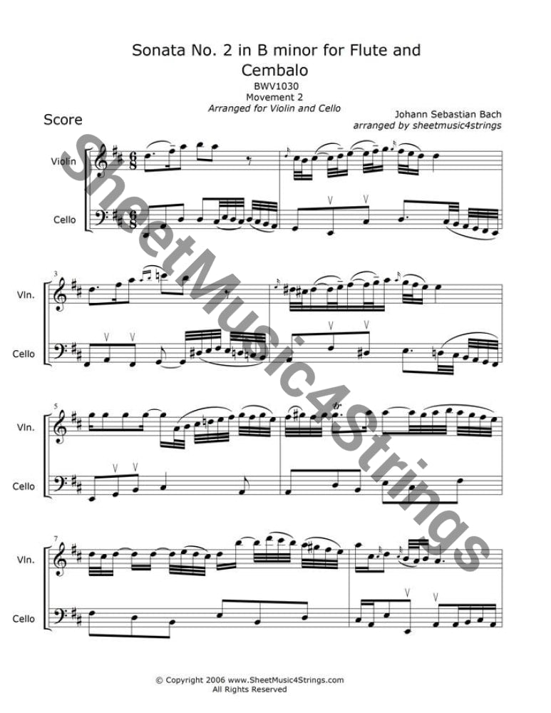 Bach J.s. - Sonata No. 2 In B Minor Bwv 1030 Mvt. (Violin And Cello Duo) Duos