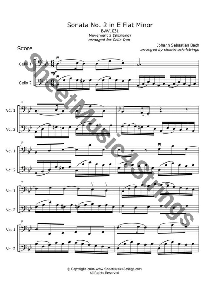 Bach J.s. - Sonata No. 2 In E Flat Bwv 1031 Siciliano (Cello Duo) Duos