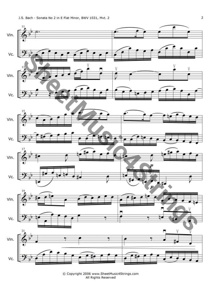 Bach J.s. - Sonata No. 2 In E Flat Major Bwv 1031 Siciliano (Violin And Cello Duo) Duos