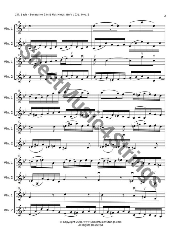 Bach J.s. - Sonata No. 2 In E Flat Major Bwv 1031 Siciliano (Violin Duo) Duos