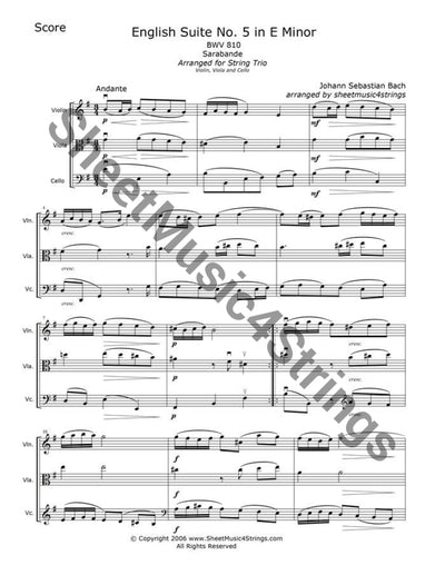 Bach J.s. - Suite No. 5 In E Minor Bwv 810 Sarabande (Violin Viola And Cello Trio) Trios