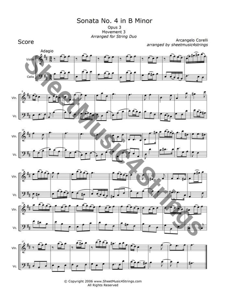 Corelli A. - Sonata No. 4 In B Minor Op.3 Mvt. 3 (Violin And Cello Duo) Duos