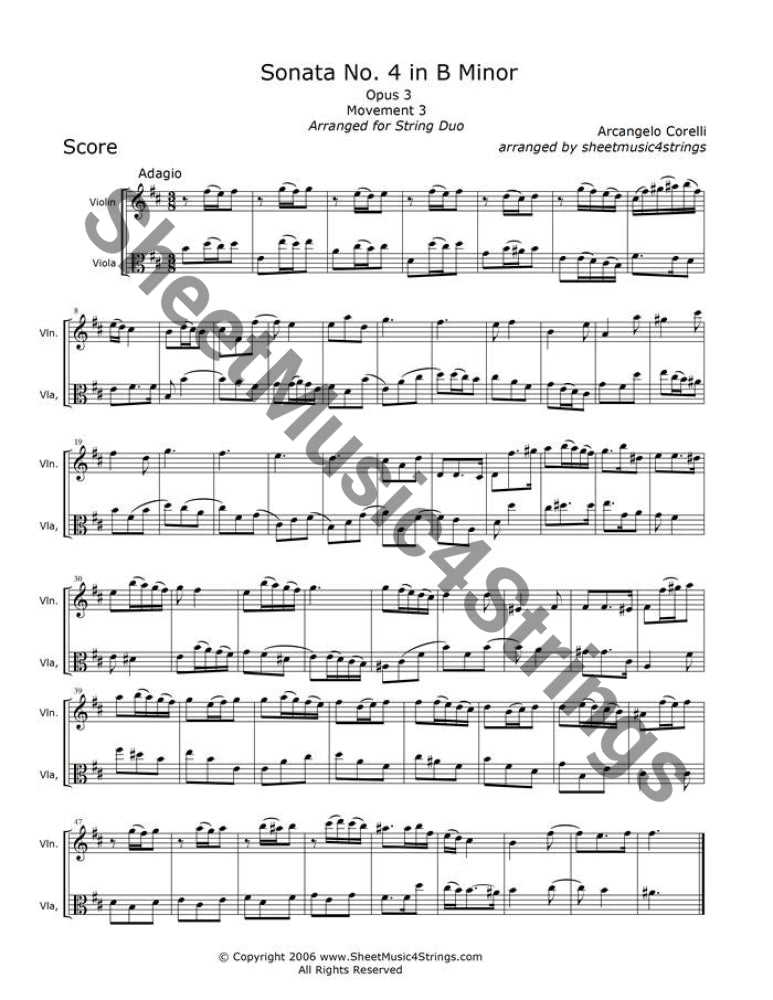 Corelli A. - Sonata No. 4 In B Minor Op.3 Mvt. 3 (Violin And Viola Duo) Duos