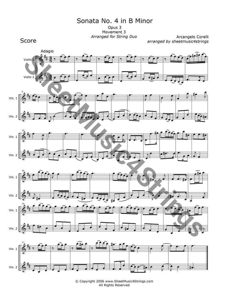 Corelli A. - Sonata No. 4 In B Minor Op.3 Mvt. 3 (Violin Duo) Duos