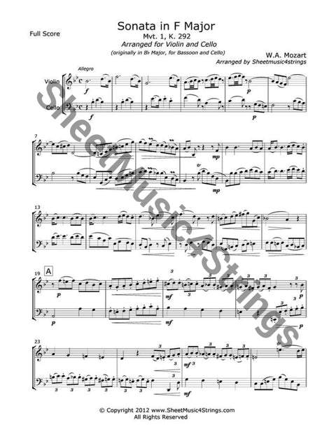 Mozart W.a. - Sonata In F Major Mvt. 1 (Violin And Cello) Duos