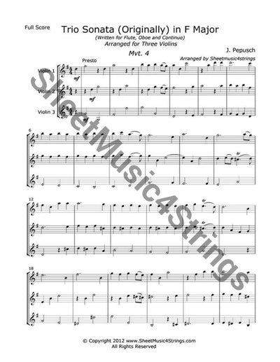Pepusch J. - Trio Sonata In F Major Mvt. 4 (Three Violins) Trios