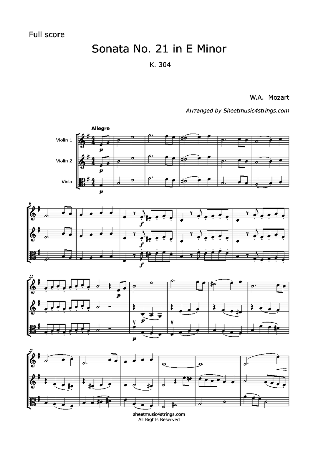 Mozart W.a. - Sonata No. 21 K. 304 (2 Violins And Viola) Trios