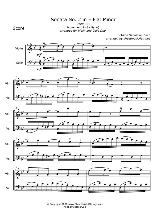 Sheet music for the Siciliano from a sonata by Johann Sebastian Bach.