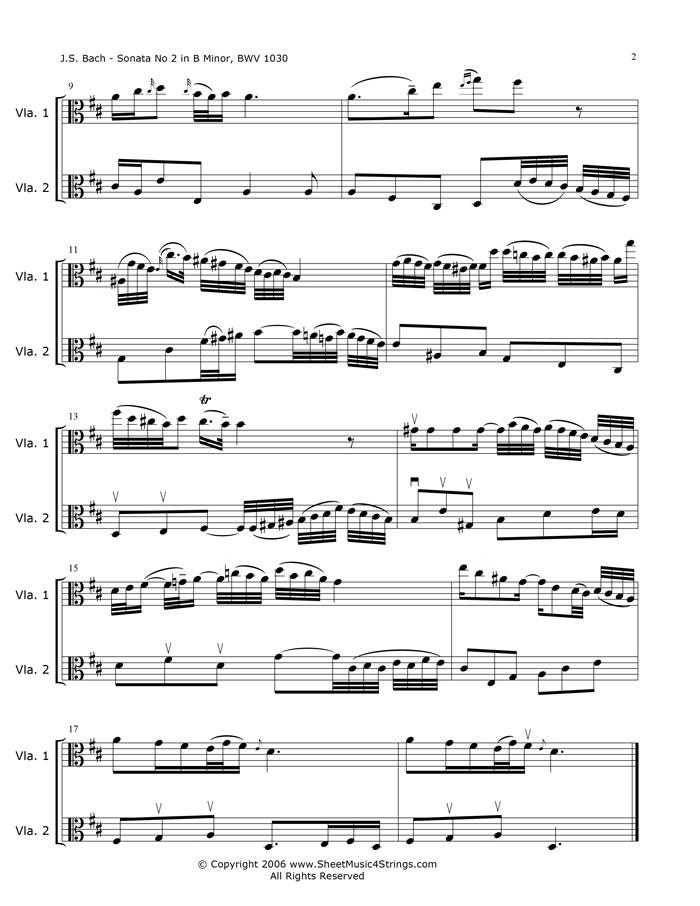 Bach, J.S. - Sonata No. 2 in B Minor, BWV 1030, Mvt. 2 (Viola Duo)J. S. Bach, (1685-1750) a prominent organist in his time, was an extremely prolific composer of many works - cantatas, solo instrumental sonatas, works for keyboard,Bach, J.S