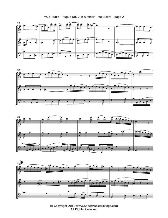 Bach W.f. - Fugue No. 2 In A Minor (2 Violins And Cello) Trios