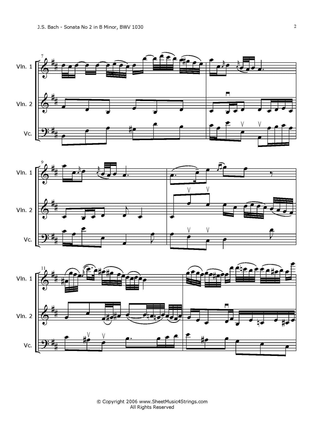 Bach J.s. - Sonata No. 2 In B Minor Bwv 1030 Mvt. (Two Violins And Cello Trio) Duos