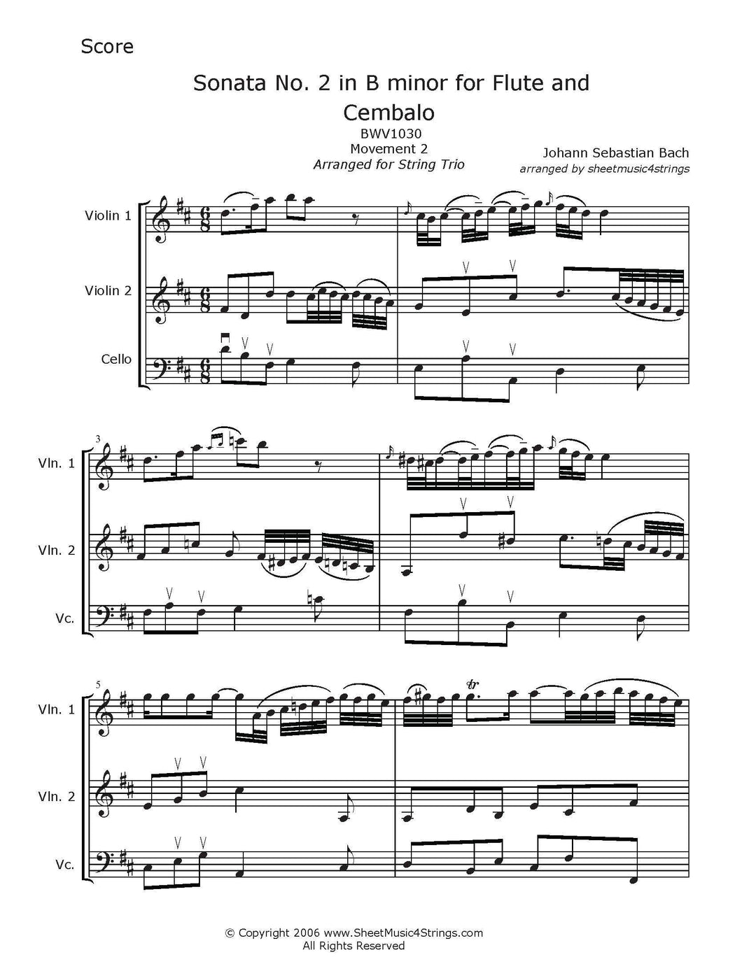 Bach J.s. - Sonata No. 2 In B Minor Bwv 1030 Mvt. (Two Violins And Cello Trio) Duos