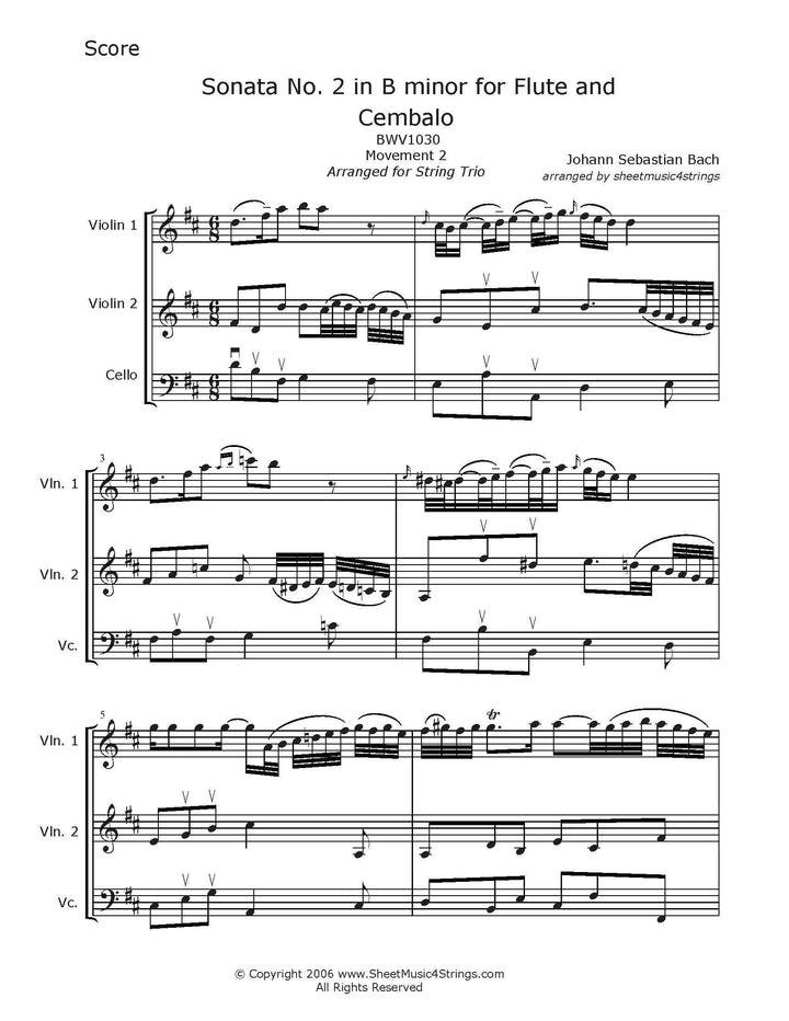 Bach J.s. - Sonata No. 2 In B Minor Bwv 1030 Mvt. (Two Violins And Cello Trio) Duos