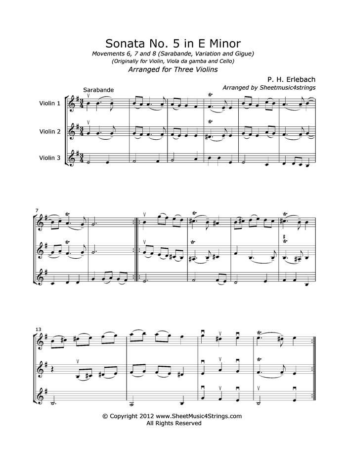 Erlebach P. - Sonata No. 5 In E Minor Mvts. 6 7 8 (3 Violins) Trios