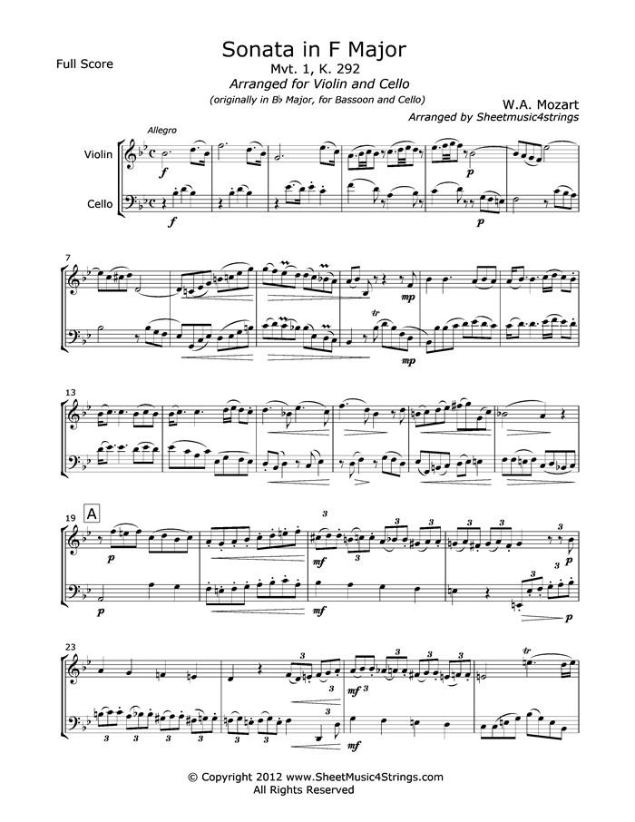 Mozart W.a. - Sonata In F Major Mvt. 1 (Violin And Cello) Duos