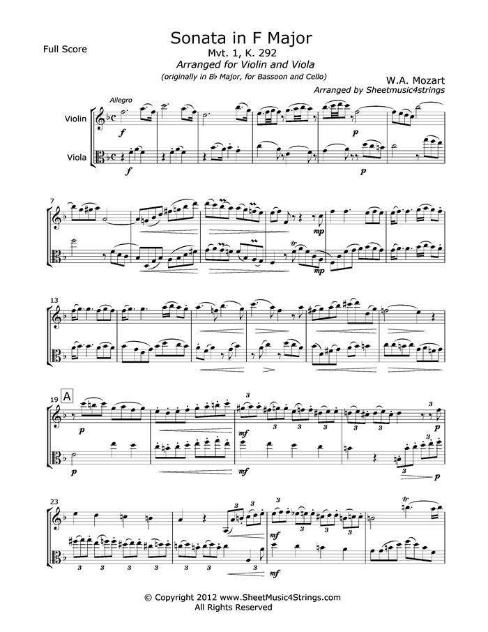 Mozart W.a. - Sonata In F Major Mvt. 1 (Violin And Viola) Duos