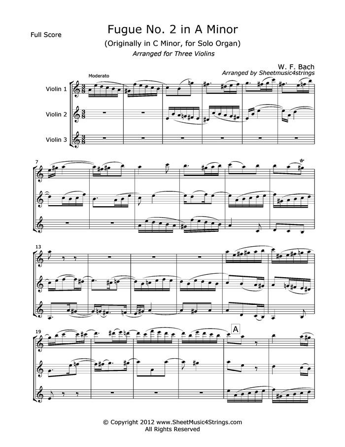 Bach W.f. - Fugue No. 2 In A Minor (3 Violins) Trios