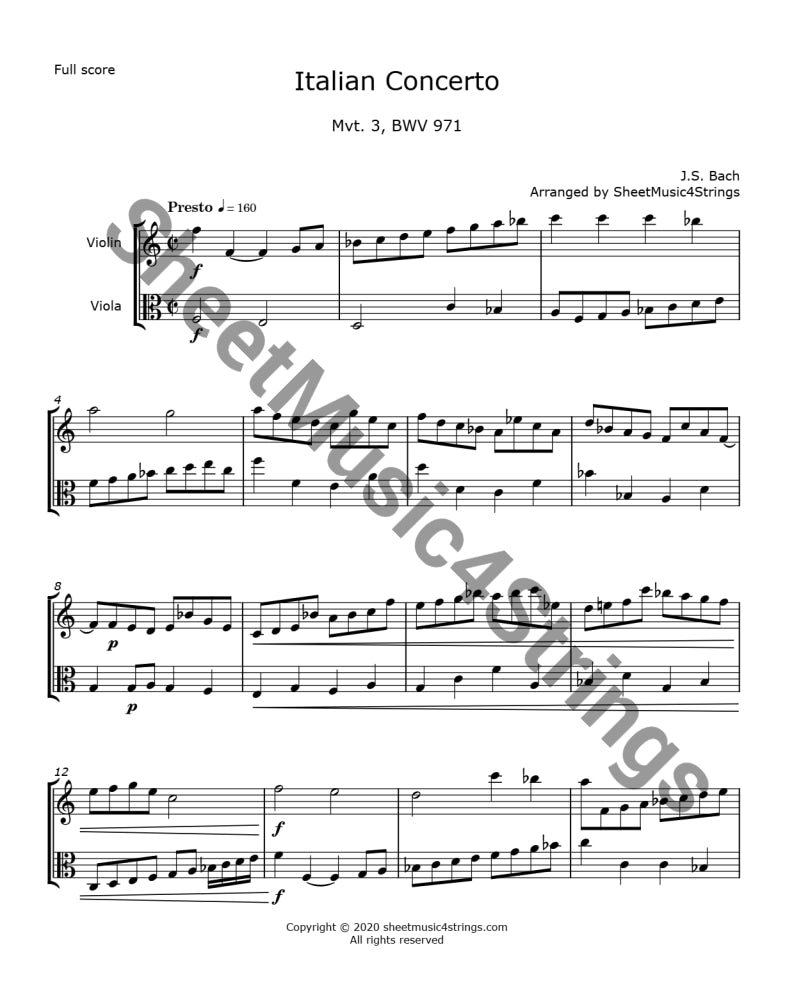 Bach, J.S. - Italian Concerto, Mvt. 3 (Violin and Viola Duo) page one