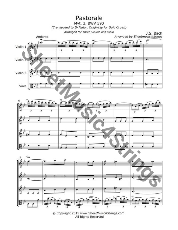 Bach J.s. - Pastorale In F Mvt. 3 (Three Violins And Viola) Quartets