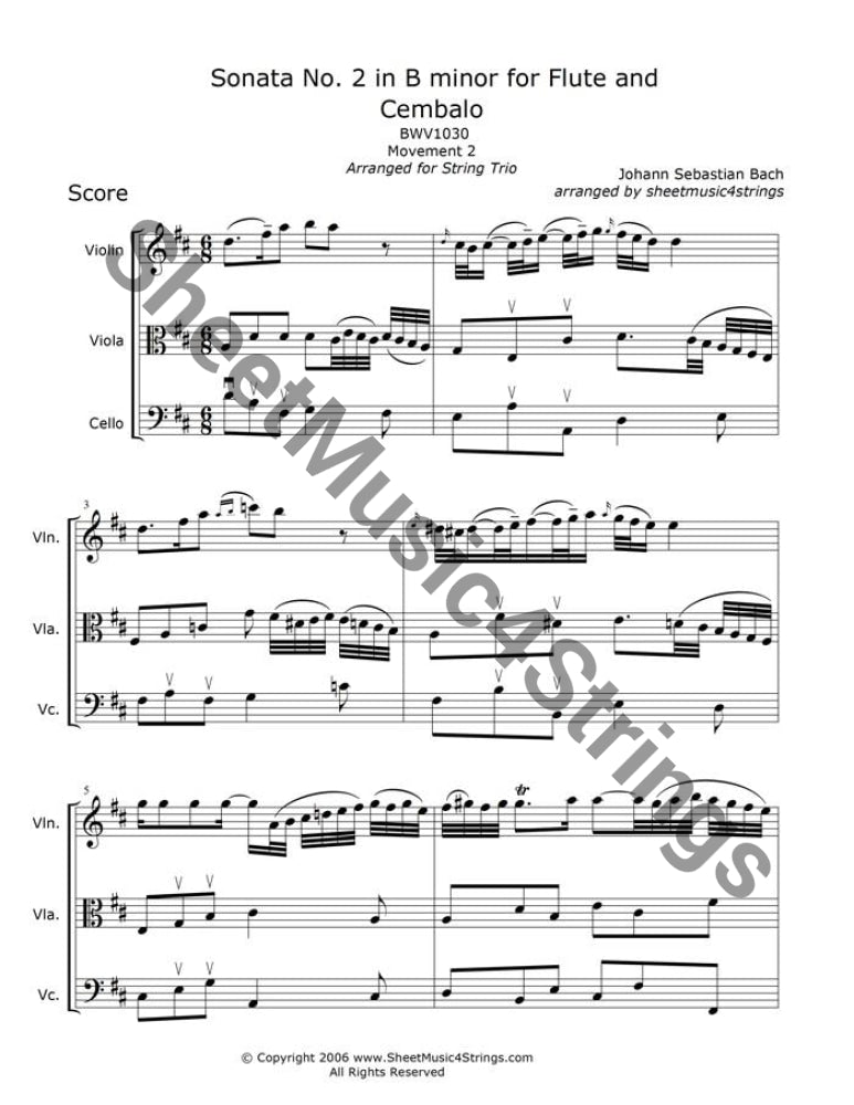 Sheet music of the second movement from Bach’s Sonata No. 2 in B minor, BWV 1030