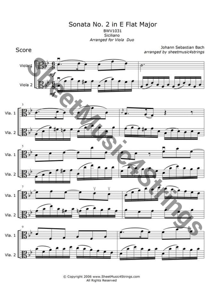 Sheet music for the Siciliano by Johann Sebastian Bach.