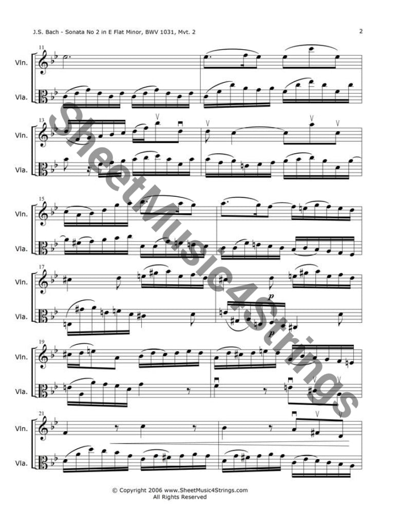 Bach J.S. - Sonata No. 2 in E Flat Major BWV 1031 Siciliano (Violin and Viola Duo) - Duos