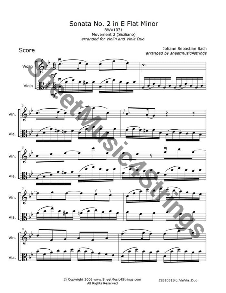 Sheet music of Bach Siciliano from Flute Sonata No. 2