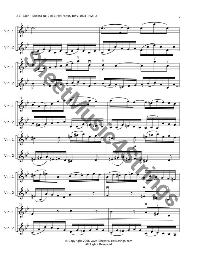 Bach J.S. - Sonata No. 2 in E Flat Major BWV 1031 Siciliano (Violin Duo) - Duos