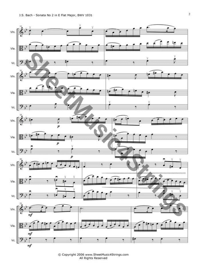 Sheet music for Bach, J.S. Sonata No. 2 in E Flat Major, BWV 1031 for violin, viola, and cello trio