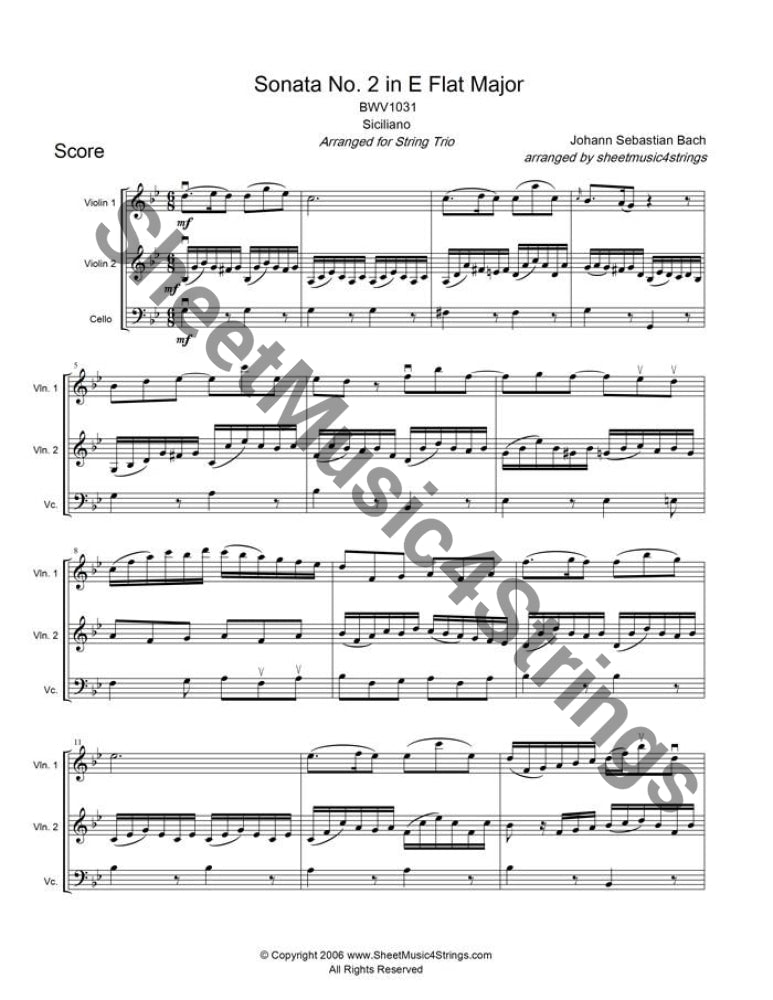 Bach, J.S. - Sonata No. 2 in E Flat Major, BWV 1031, Siciliano (2 ViolJ. S. Bach, (1685-1750) a prominent organist in his time, was an extremely prolific composer of many works - cantatas, solo instrumental sonatas, works for keyboard,Bach, J.S