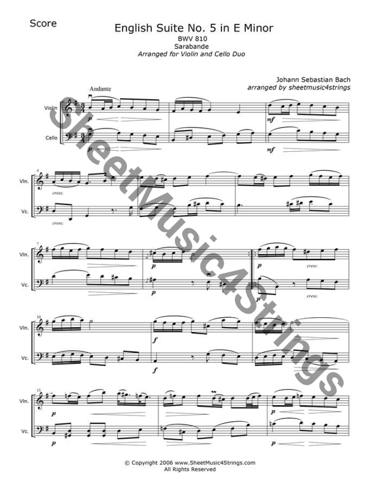 Bach, J.S. -  Suite No. 5 in E Minor, BWV 810, Sarabande (Violin and CJ. S. Bach, (1685-1750) a prominent organist in his time, was an extremely prolific composer of many works - cantatas, solo instrumental sonatas, works for keyboard,Bach, J.S