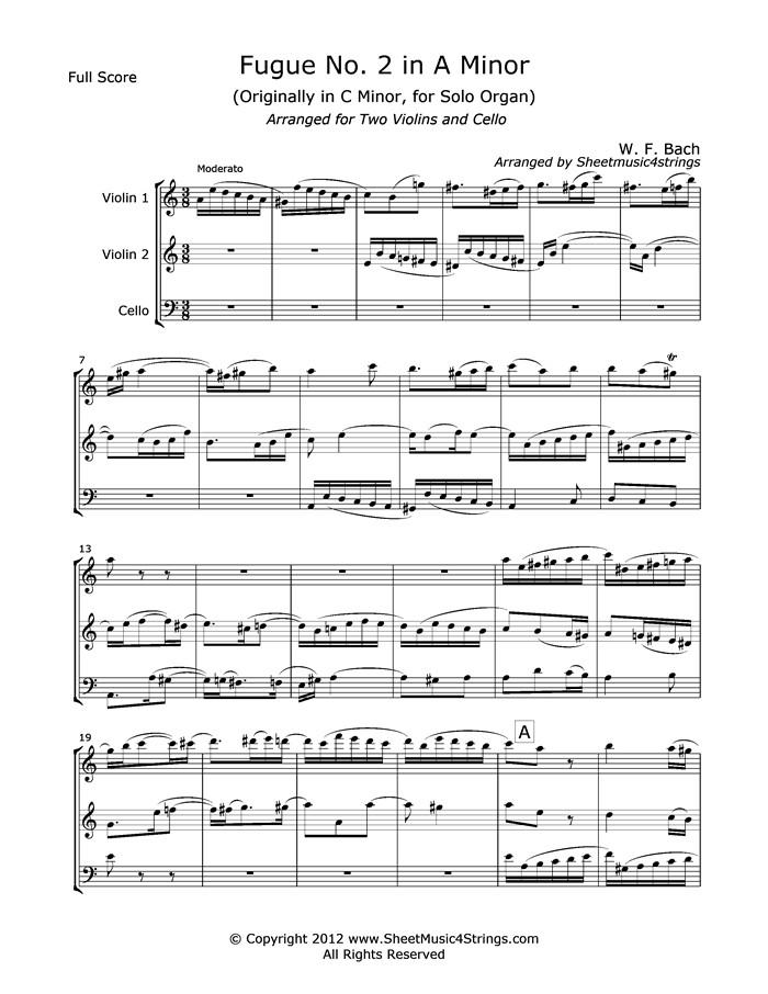 Bach W.f. - Fugue No. 2 In A Minor (2 Violins And Cello) Trios