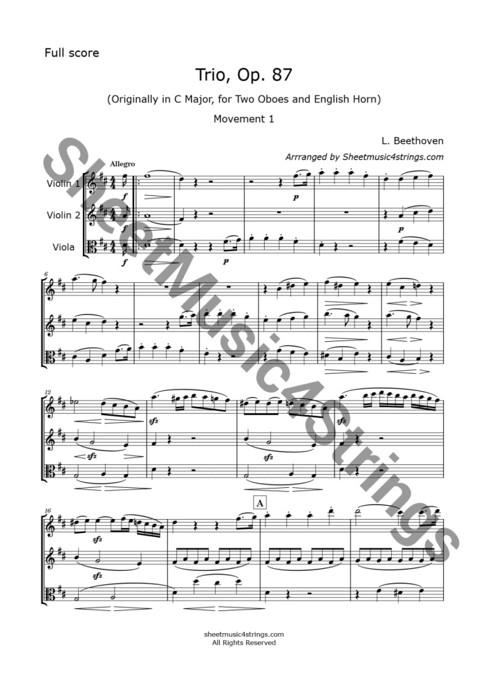 Beethoven L. - Trio In C Op. 87 (2 Violins Viola) Trios