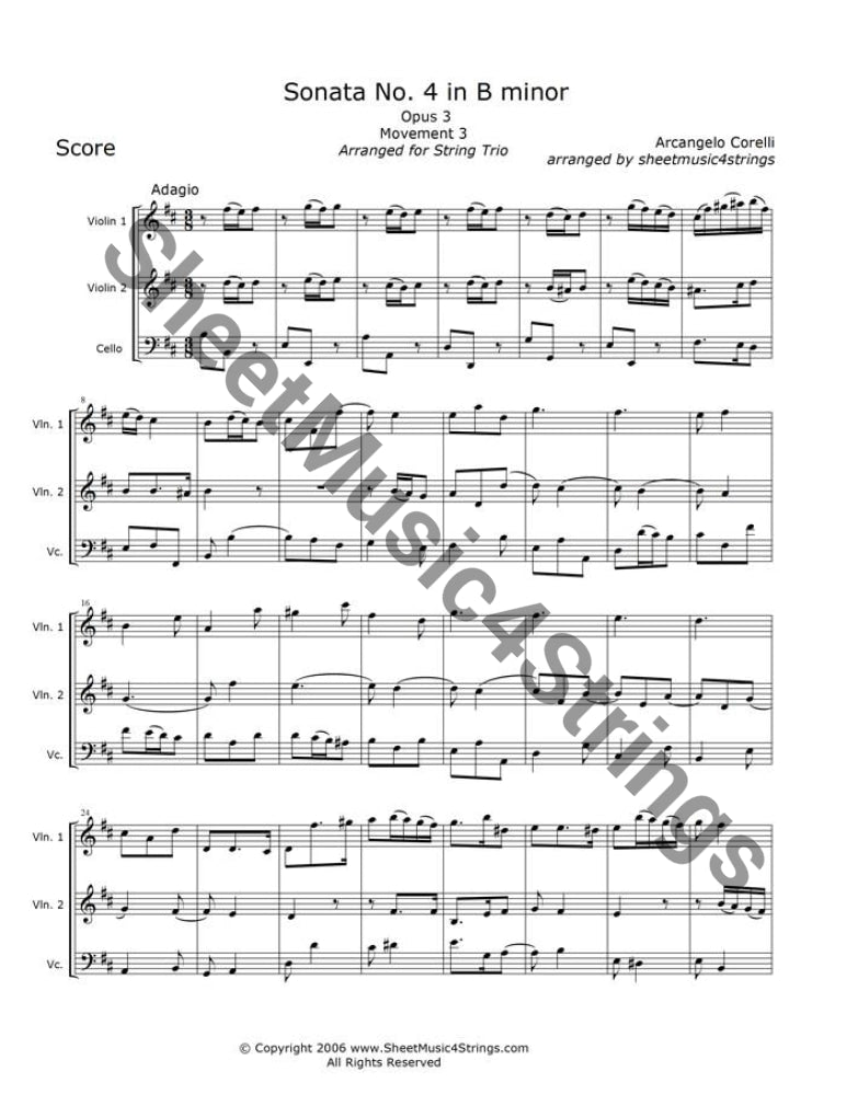 Corelli, A. - Sonata No. 4 in B Minor, Op.3, Mvt. 3  (2 Violins and CeArcangelo Corelli (1653-1713) was an Italian violinist and composer. This charming Adagio movement is from a group of twelve trio sonatas he wrote in 1689. The origiCorelli, A.