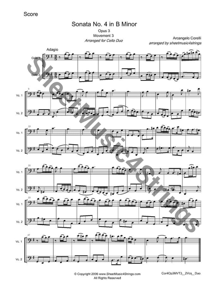 Corelli Sonata No. 4 in B Minor sheet music for cello duo