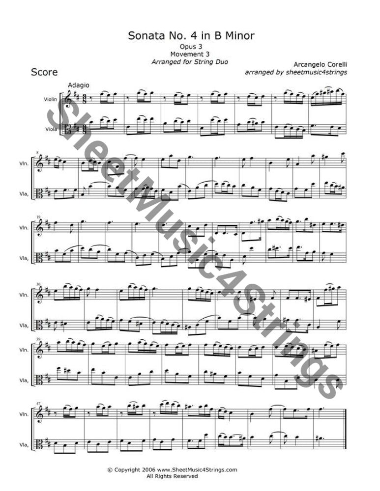 Corelli Sonata No. 4 sheet music for violin and viola duo.