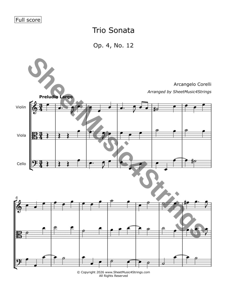 Sheet music for 'Trio Sonata, Op. 4, No. 12' by Arcangelo Corelli arranged for violin, viola, and cello.