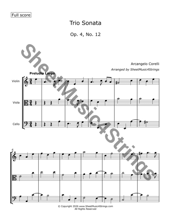 Sheet music for 'Trio Sonata, Op. 4, No. 12' by Arcangelo Corelli arranged for violin, viola, and cello.