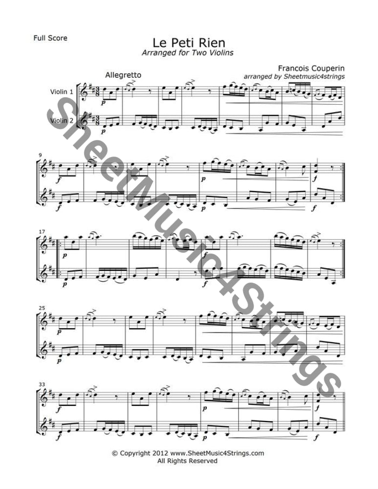 Sheet music for Le Petit Rien by François Couperin arranged for two violins