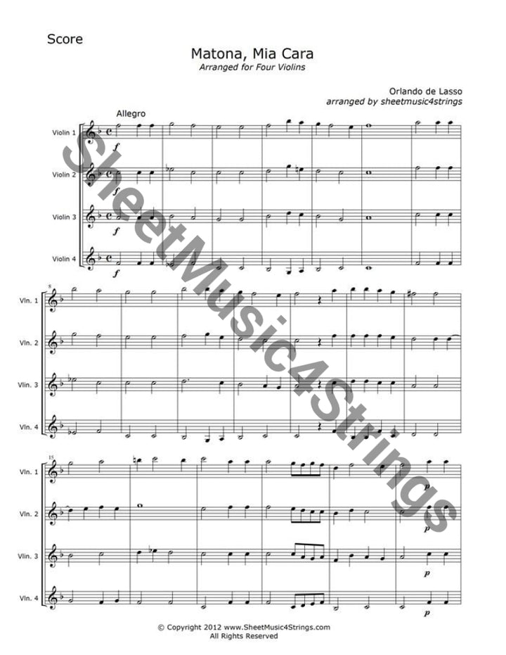 Sheet music of “Matona, Mia Cara” by Orlando de Lasso arranged for four violins