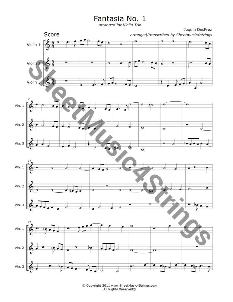 Des Prez Fantasia No. 1 sheet music for three violins.
