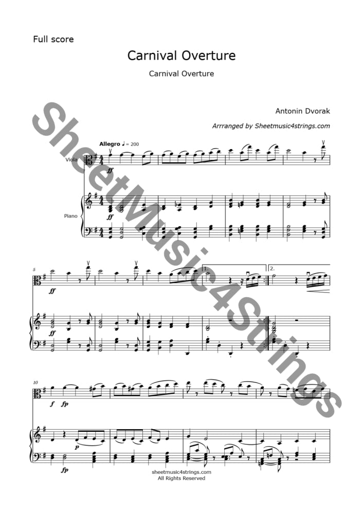 Dvorak A. - Carnival Overture (Arranged For Viola And Piano) Piano