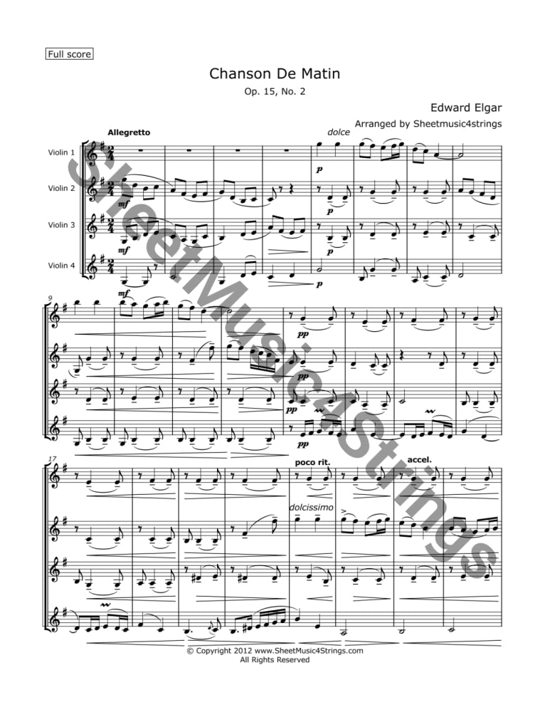 Elgar E. - Chanson de Matin (Four Violins) Sheet Music