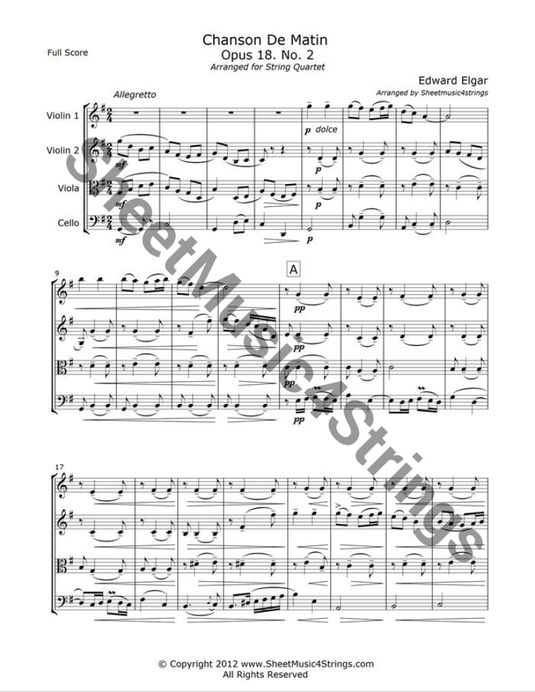 Sheet music for Chanson de Matin by Edward Elgar, arranged for string quartet.