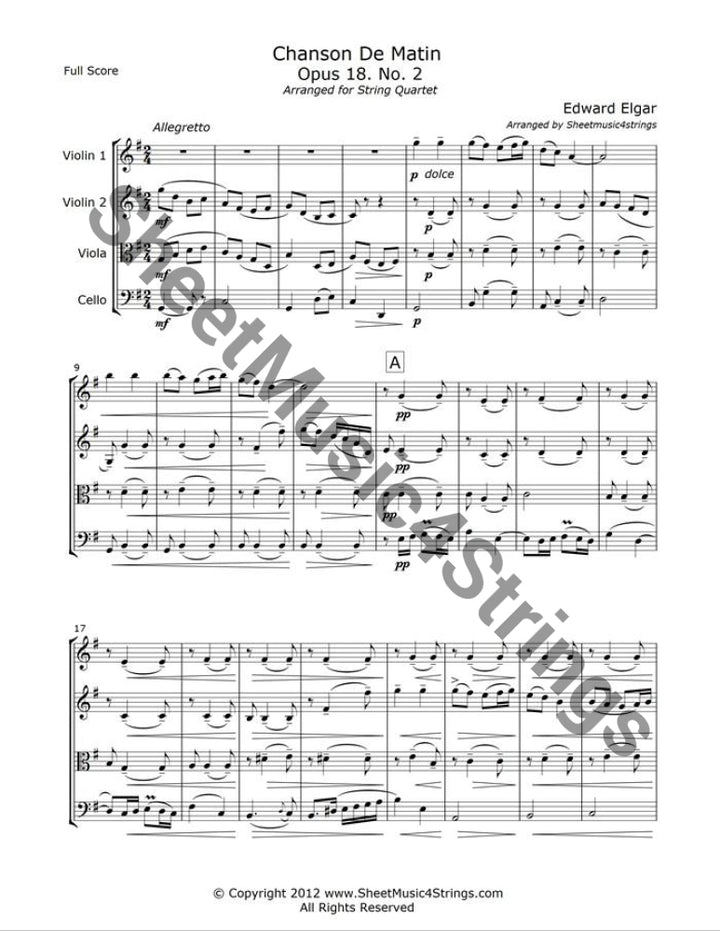 Sheet music for Chanson de Matin by Edward Elgar, arranged for string quartet.