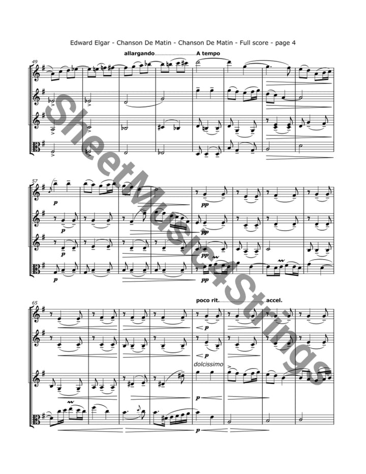 Elgar E. Chanson de Matin (Three Violins and Viola) Sheet Music