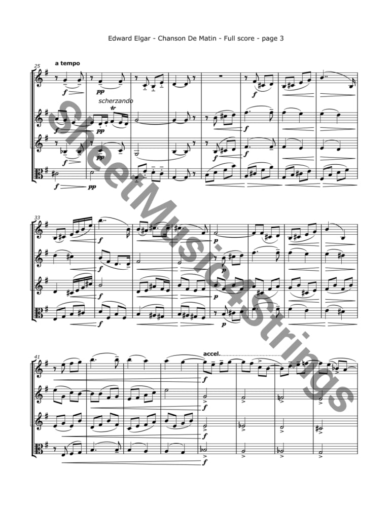 Elgar E. Chanson de Matin (Three Violins and Viola) Sheet Music