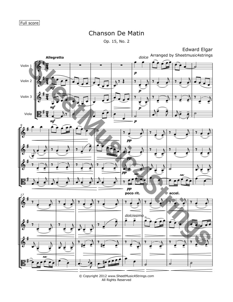 Elgar E. Chanson de Matin (Three Violins and Viola) Sheet Music