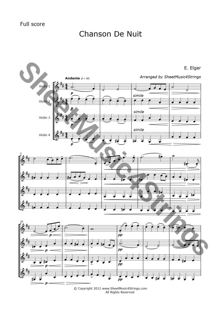 Elgar E. - Chanson De Nuit (Four Violins) Sheet Music